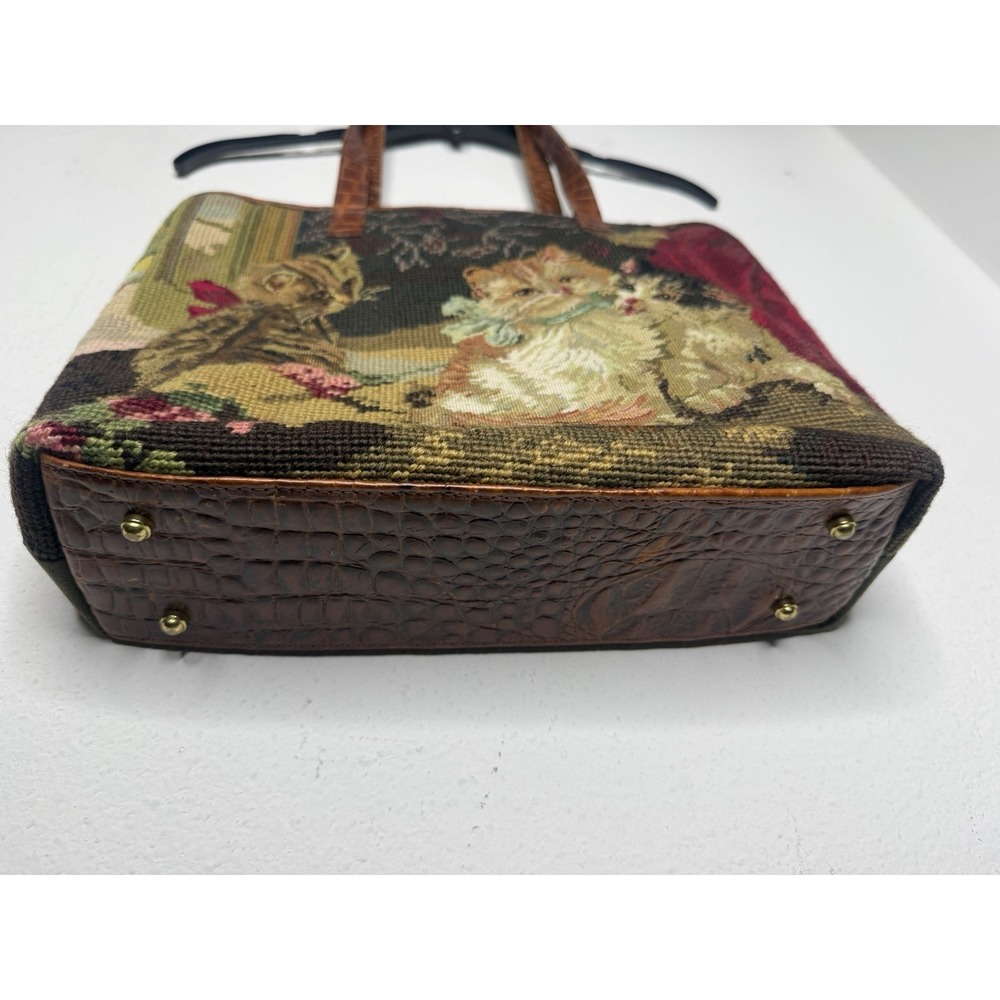 Vintage 1990s Cat Print Tapestry Tote Bag Leather Handles Clever Carriage Co. - Picture 2 of 9